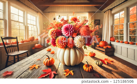 A cozy autumn arrangement of vibrant dahlias in shades of orange, pink, and peach blooms inside a white pumpkin vase. The sunlight streaming through the window softly illuminates the petals, casting 125186506