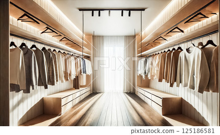 These images showcase a brightly lit modern closet with dark wooden hangers contrasting against light-colored clothes. The natural light creates a fresh, open, and minimalistic atmosphere 125186581