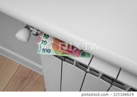 Money on the radiator. Euro bills. Rising heating prices. A place for the text. 125186624