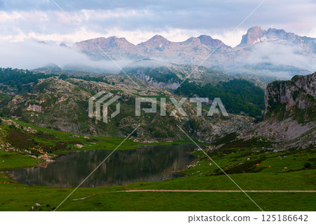Covadonga mountain landscape with lake at dusk 125186642