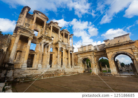 Ruins of Celsius Library and gate of Augustus in Ephesus in ancient city Ephesus 125186685
