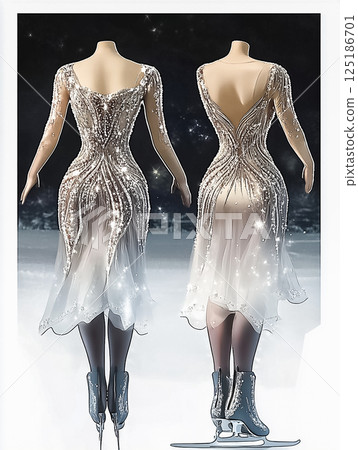 A beautiful ombre figure skating dress featuring a gradient from black to white, adorned with intricate beading and sheer long sleeves. The flowing skirt and detailed embellishments create a stunning 125186701