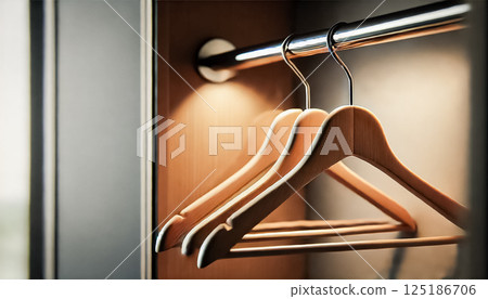 These images feature modern wooden hangers neatly arranged on a polished metal rod inside a minimalist closet. The soft lighting accentuates the smooth wood grain, casting gentle shadows that enhance 125186706