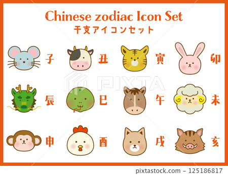 十二生肖動物臉圖示集（彩色/簡單帶線） 125186817