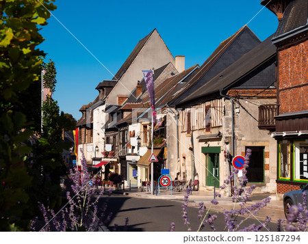 Street in old district of Aubigny-sur-Nere with wooden timber-framed houses 125187294