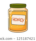 Jar with a lid and labeled light yellow honey, natural sweet product. Beekeeping 125187421