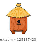 Round wooden house for honey bees with thatched roof vector illustration. 125187423