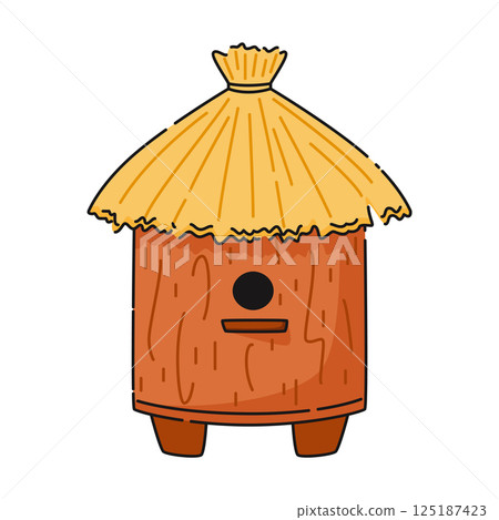 Round wooden house for honey bees with thatched roof vector illustration. 125187423