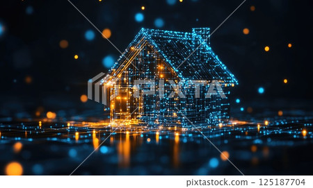 Glowing blue wireframe of house is formed by interconnected dots and lines on dark background, representing smart home technology and digital connectivity Glowing blue wireframe of house is formed by interconnected dots and lines on dark background, representing smart home technology and digital connectivity 125187704