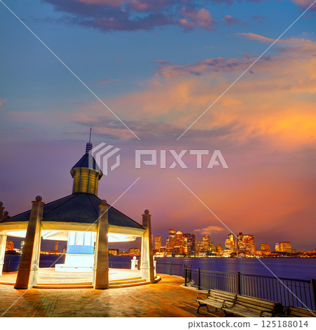 Boston skyline at sunset Piers Park Massachusetts Boston skyline at sunset Piers Park Massachusetts 125188014