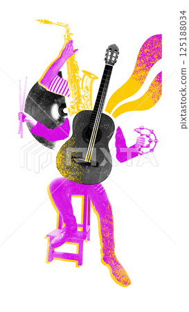 Playful performer on chair composed of guitar, saxophone, vinyl, and tambourine in pink-yellow tones. Playful performer on chair composed of guitar, saxophone, vinyl, and tambourine in pink-yellow tones. 125188034