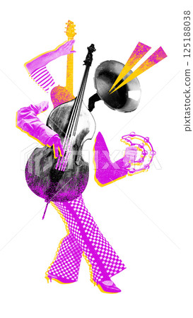 Abstract figure wearing checker pants, holding tambourine and upright bass, with gramophone head blasting sound. 125188038