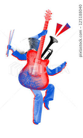 Groovy dancer with red guitar body, cymbal face, trumpet and drumsticks in surreal street band motion. Groovy dancer with red guitar body, cymbal face, trumpet and drumsticks in surreal street band motion. 125188040