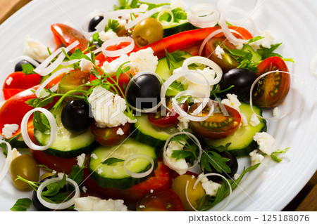 Shopska salad is tasty dish of Bulgarian cuisine 125188076