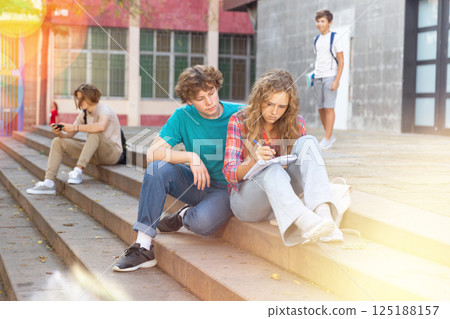 Teenage students preparing lessons together during recess 125188157
