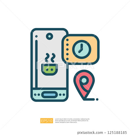 The image features a smartphone displaying a steaming cup, a clock, and a location pin, symbolizing food delivery or restaurant services. The image features a smartphone displaying a steaming cup, a clock, and a location pin, symbolizing food delivery or restaurant services. 125188185