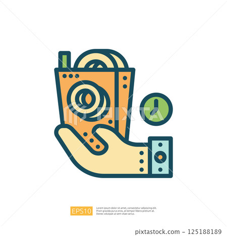 A hand holding a takeout container filled with noodles, accompanied by a clock icon, suggesting a focus on quick meal options. 125188189