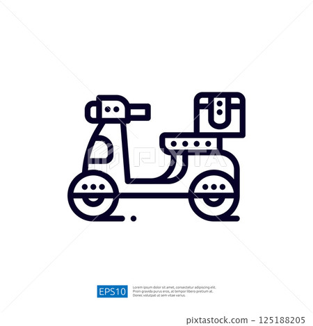 A simple line drawing of a scooter with a delivery box, representing transportation and delivery services. A simple line drawing of a scooter with a delivery box, representing transportation and delivery services. 125188205