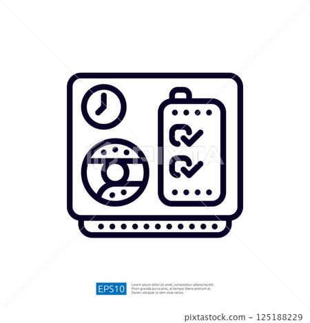 A simple line drawing depicting a battery charging station with a clock and a progress indicator. A simple line drawing depicting a battery charging station with a clock and a progress indicator. 125188229