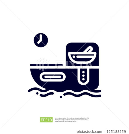 The image features a stylized boat with a bowl and spoon, suggesting a connection to food or dining on water, accompanied by a clock indicating time. 125188259