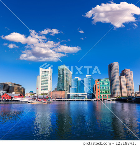 Boston skyline from Fan Pier sunlight Massachusetts 125188413