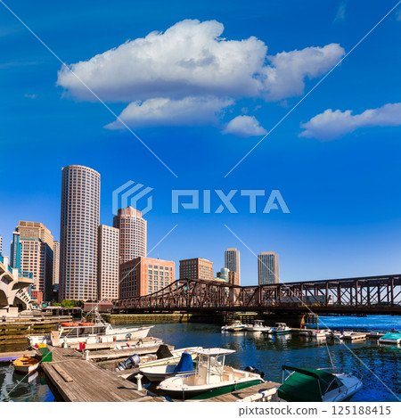 Boston skyline from Fan Pier sunlight Massachusetts 125188415