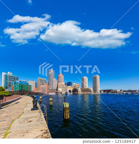 Boston skyline from Fan Pier sunlight Massachusetts 125188417