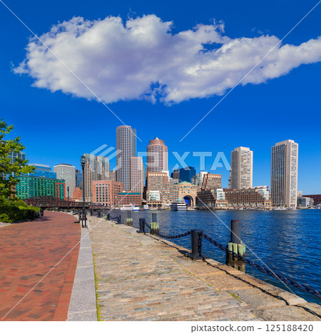 Boston skyline from Fan Pier sunlight Massachusetts 125188420