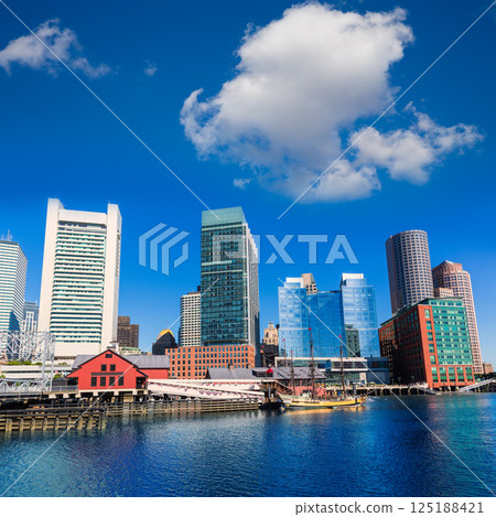 Boston skyline from Fan Pier sunlight Massachusetts 125188421