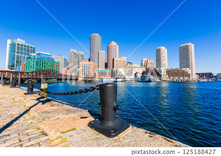 Boston skyline from Fan Pier sunlight Massachusetts 125188427
