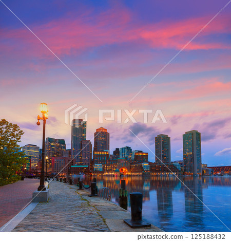 Boston sunset skyline at Fan Pier Massachusetts 125188432