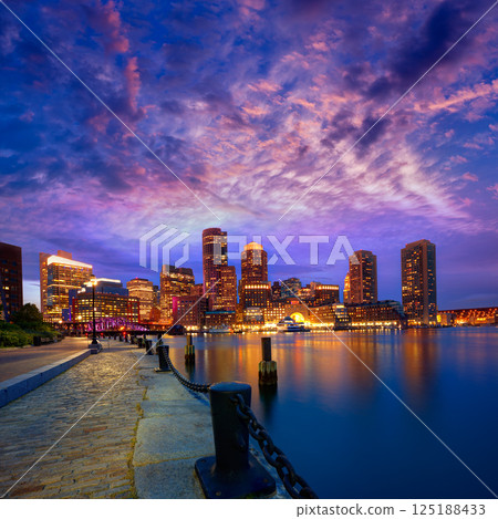 Boston sunset skyline at Fan Pier Massachusetts 125188433
