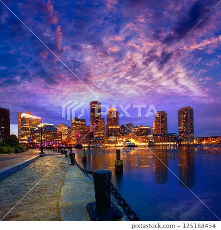 Boston sunset skyline at Fan Pier Massachusetts 125188434