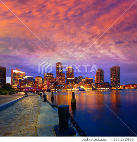 Boston sunset skyline at Fan Pier Massachusetts 125188436
