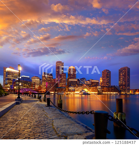 Boston sunset skyline at Fan Pier Massachusetts 125188437