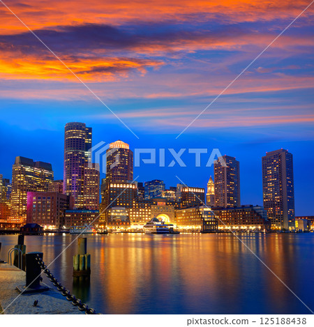 Boston sunset skyline at Fan Pier Massachusetts 125188438