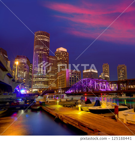 Boston sunset skyline at Fan Pier Massachusetts 125188441