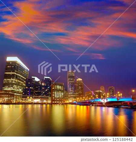 Boston sunset skyline at Fan Pier Massachusetts 125188442