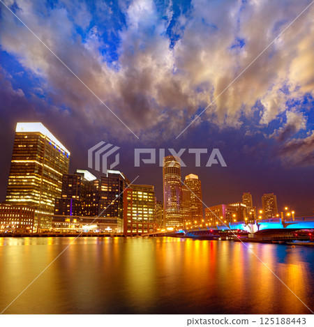 Boston sunset skyline at Fan Pier Massachusetts 125188443