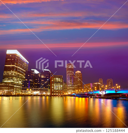 Boston sunset skyline at Fan Pier Massachusetts 125188444