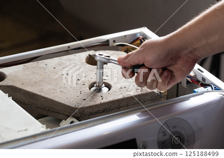 A washing machine repairman tightens the counterweight in the washing machine due to noise and vibration. Copy space for text 125188499