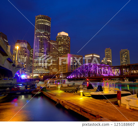 Boston sunset skyline at Fan Pier Massachusetts 125188607
