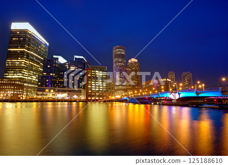 Boston sunset skyline at Fan Pier Massachusetts Boston sunset skyline at Fan Pier Massachusetts 125188610