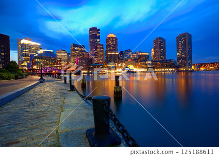 Boston sunset skyline at Fan Pier Massachusetts 125188611