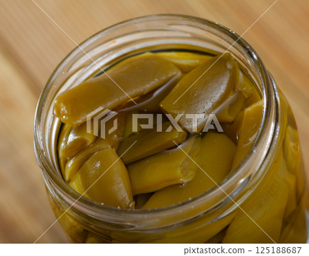 Marinated chopped green beans in jar Marinated chopped green beans in jar 125188687