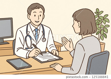 一位女病人在醫院與醫生交談的插圖 125188841