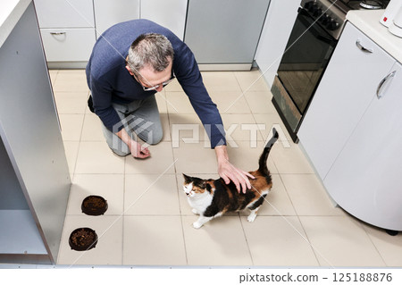 Stroking Calico cat with gentle hand older white man kneels on tiled kitchen floor near bowls filled with food during quiet domestic moment. Stroking Calico cat with gentle hand older white man kneels on tiled kitchen floor near bowls filled with food during quiet domestic moment. 125188876