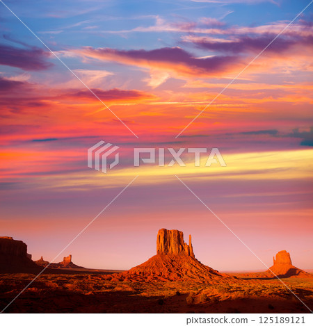 Monument Valley West Mitten and Merrick Butte sunset 125189121