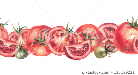 Red tomatoes watercolor seamless border. Realistic painted vegetables illustration. Whole and sliced red and green fruit with stalk. Horizontal repeating patter. Isolated from background food clipart. Red tomatoes watercolor seamless border. Realistic painted vegetables illustration. Whole and sliced red and green fruit with stalk. Horizontal repeating patter. Isolated from background food clipart. 125189221