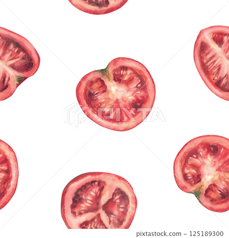 Red tomato seamless pattern. Whole, half, quartered sliced ripe fruit. Vegetables watercolor illustration isolated from background. Hand drawn in realistic style for fabric, wallpaper, food packing. Red tomato seamless pattern. Whole, half, quartered sliced ripe fruit. Vegetables watercolor illustration isolated from background. Hand drawn in realistic style for fabric, wallpaper, food packing. 125189300